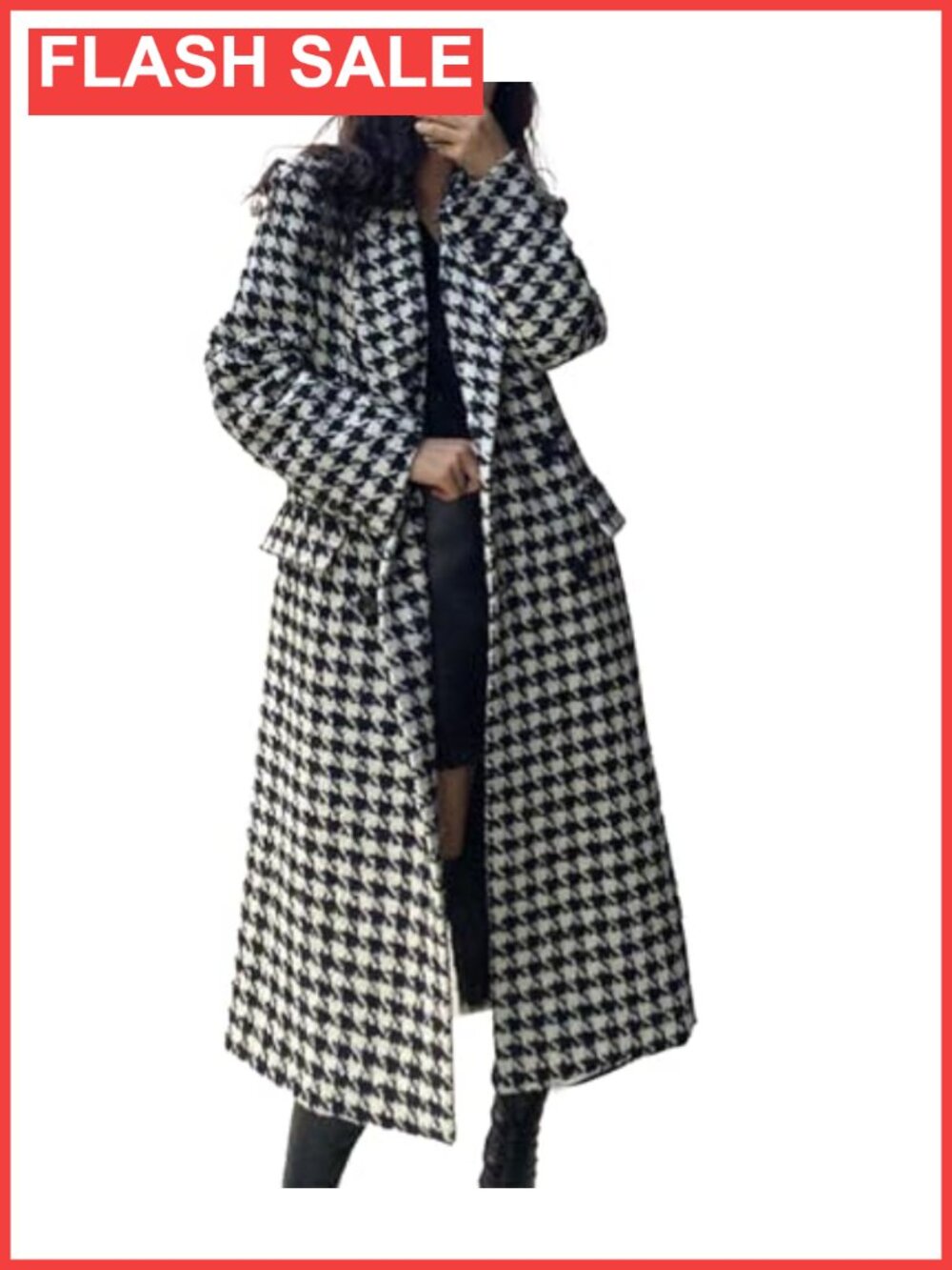 Womens Houndstooth Trench Coat Quilted Lined Pea Coat